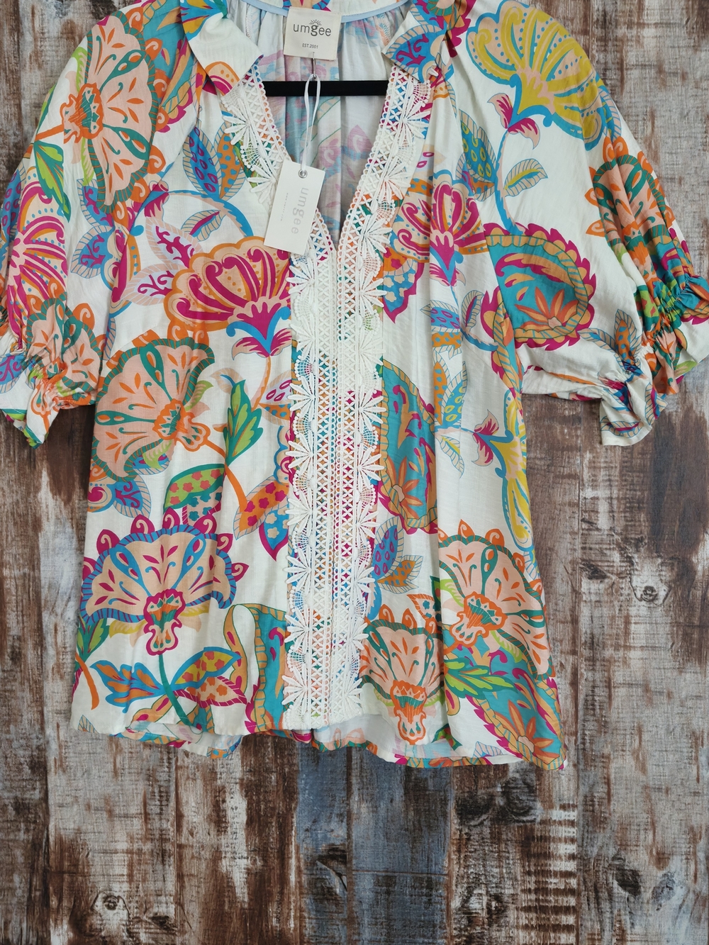 Umgee Multicolor Floral Crochet-Trim Tunic Top